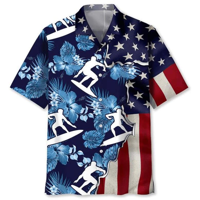 Surfing Tropical Us Flag , Short Sleeve Summer Vacation Beach Shirts For Men Unisex Hawaiian Shirt Aloha Shirt