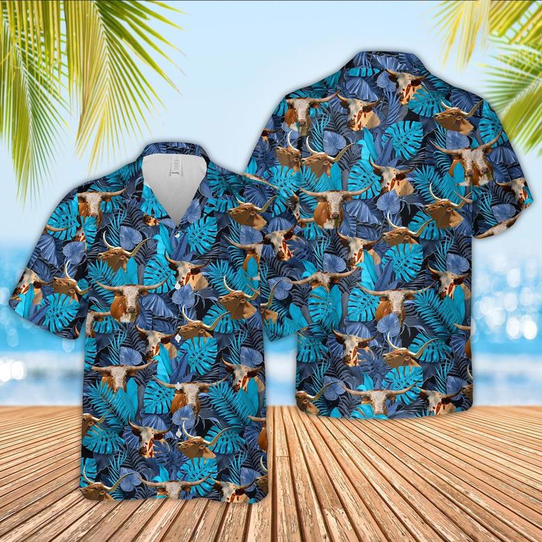 Texas Longhorn Colorful Leaf Pattern Hawaiian Shirt, Cow Hawaiian Shirt For Men And Women, Gift For Farm Lover Summer Gifts