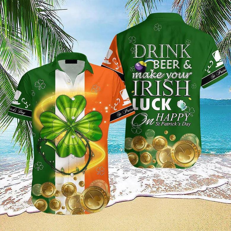 Tropical Hibiscus St Patrick's Day Irish Shamrock Unisex Hawaiian Shirt Aloha Shirt