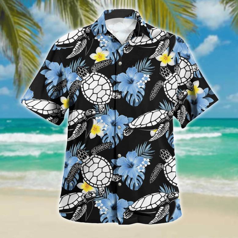 Turtle Hawaiian Shirt Blue Hibiscus Silhouette Summer Gifts