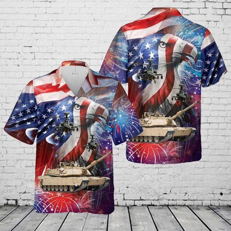 U.S. Army Abrams Main Battle Tank And A Attack Helicopter Of July , Patriotic For Men Unisex Hawaiian Shirt Aloha Shirt