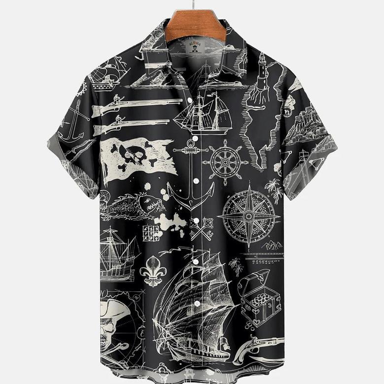 Vintage Hawaiian Nautical Pirate Ship Print Short Sleeve Hawaiian Shirt Unisex Hawaiian Shirt Aloha Shirt