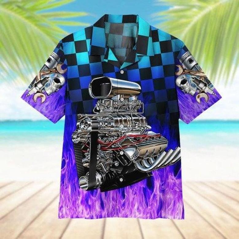 Vintage Hot Rod Engine Purple Flame All Printed Unisex Hawaiian Shirt Aloha Shirt