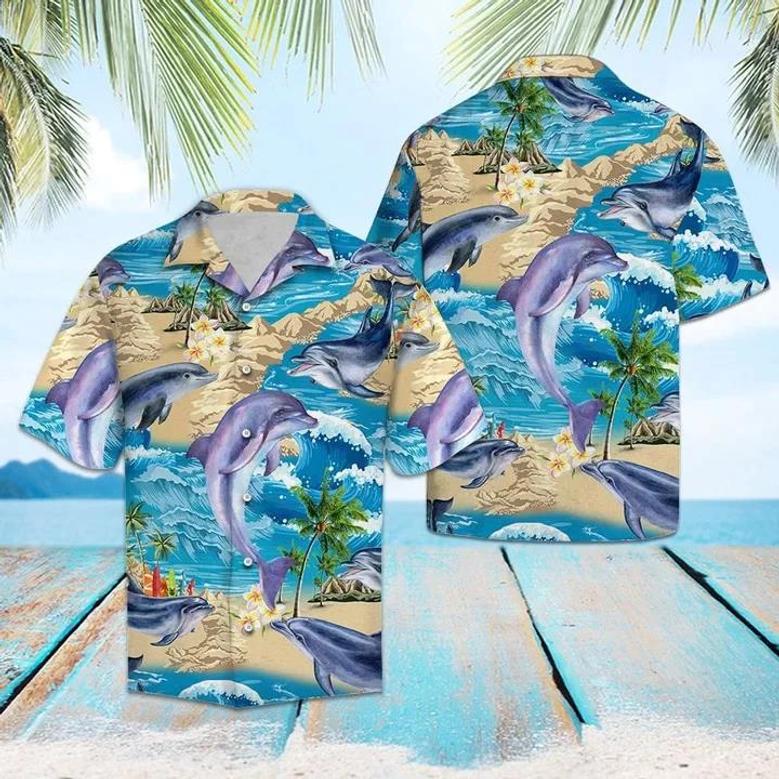 Awesome Dolphin Summer Vacation Ocean Wave Pattern Hawaiian Shirt Summer Gifts