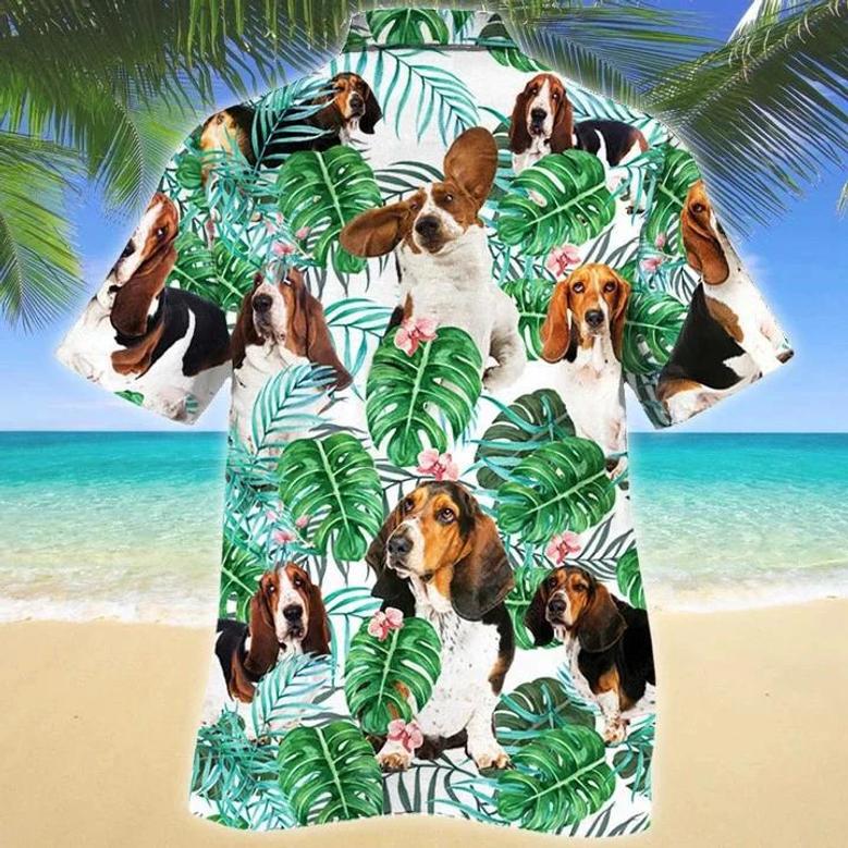 Basset Hound Dog Tropical Plant Leaves Pattern Hawaiian Shirt, Short Sleeve Hawaiian Aloha Shirt Summer Gifts