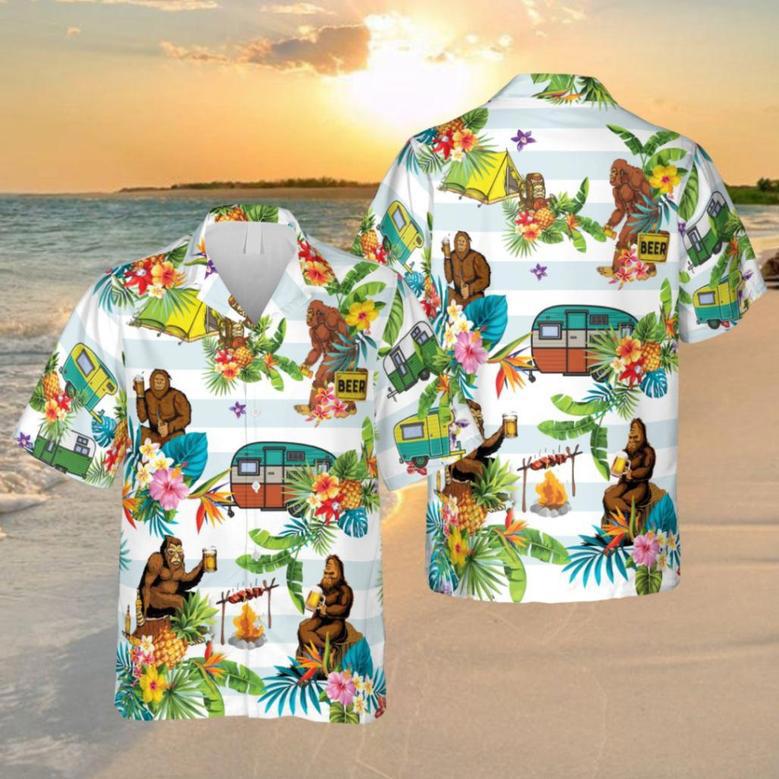 Bigfoot Goes Camping Hawaiian Shirt, Campfire Clothing Summer Gifts