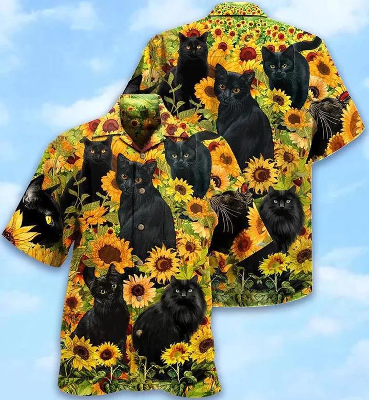 Black Cat Love Sunflower All Over Printed Hawaiian Shirt Summer Gifts