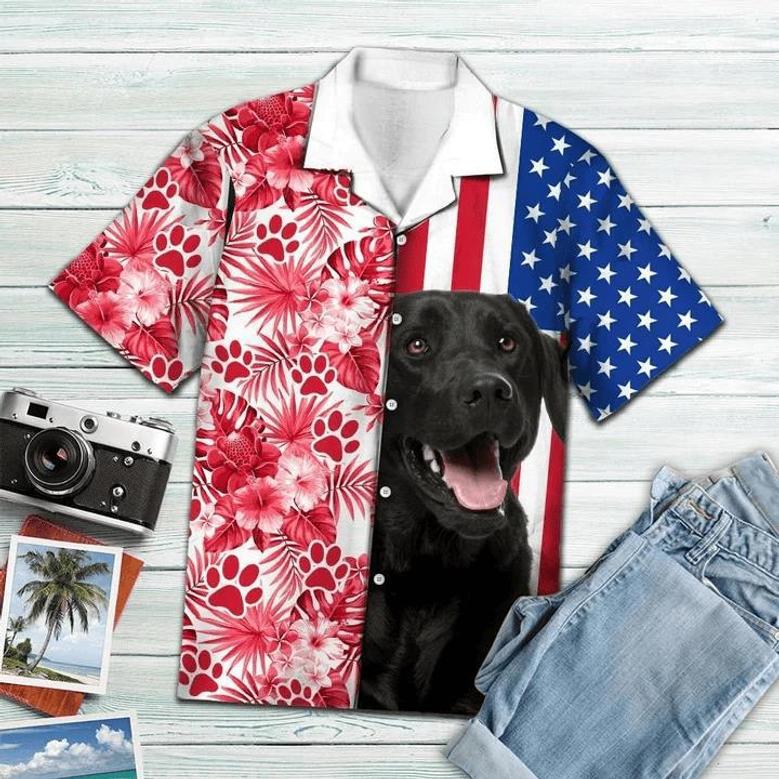 Black Labrador Retriever Usa And Watercolor Tropical Red Plants Hawaiian Shirt Summer Gifts