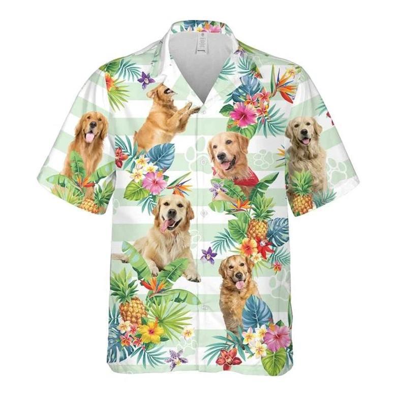 Blue Striped Golden Retriever Dog Tropical Flower Hawaiian Shirt For Men And Women Summer Gifts