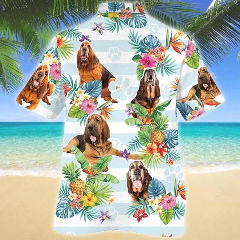 Blue Stripesd Bloodhound Dog Tropical Flower Hawaiian Shirt Summer Gifts