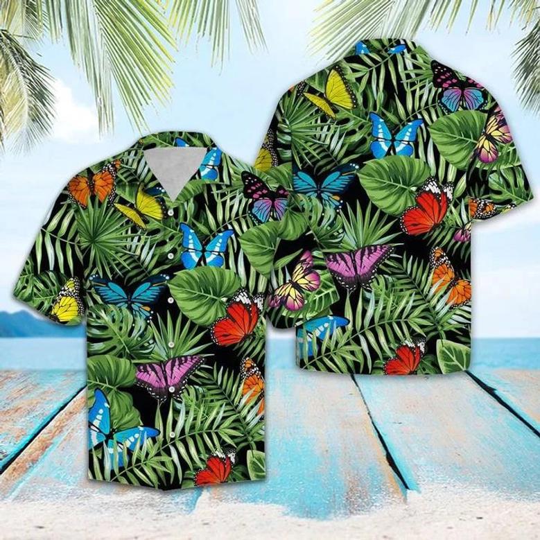 Butterfly And Green Tropical Leaves Design Hawaiian Shirt Summer Gifts