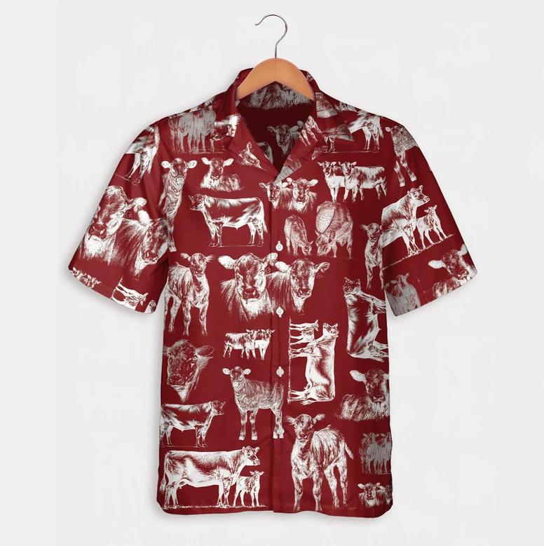 Cattle Pattern Blue, Red, Green Hawaiian Shirt, Summer Gift, Short Sleeve Aloha Beach Shirt Summer Gifts