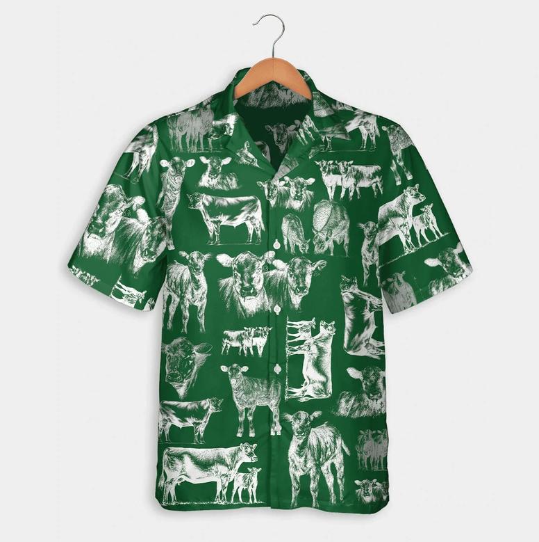 Cattle Pattern Blue, Red, Green Hawaiian Shirt, Summer Gift, Short Sleeve Aloha Beach Shirt Summer Gifts