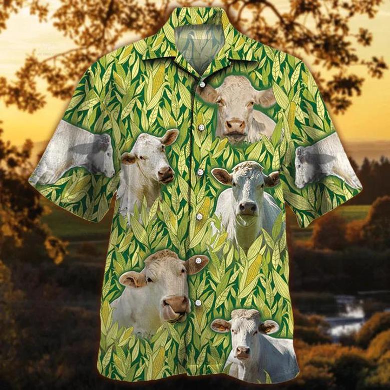 Charolais Cattle Hawaiian Shirt, Vintage Farm Hawaiian Shirts For Men, Animals Button Down Mens Hawaiian Shirts Summer Gifts