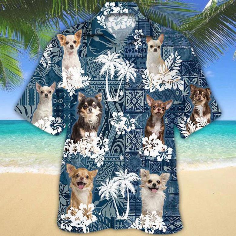 Chihuahua Hawaiian Tropical Plants Pattern Blue And White All Over Printed Hawaiian Shirt Summer Gifts