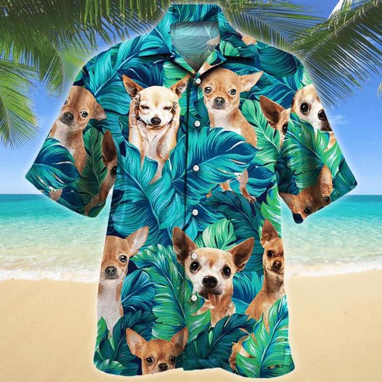 Chihuahua Tropical Hawaii Shirt For Dog Lovers, Hiding Chihuahua Dog In Tropical Palm Leaves Pattern Hawaiian Shirt Summer Gifts