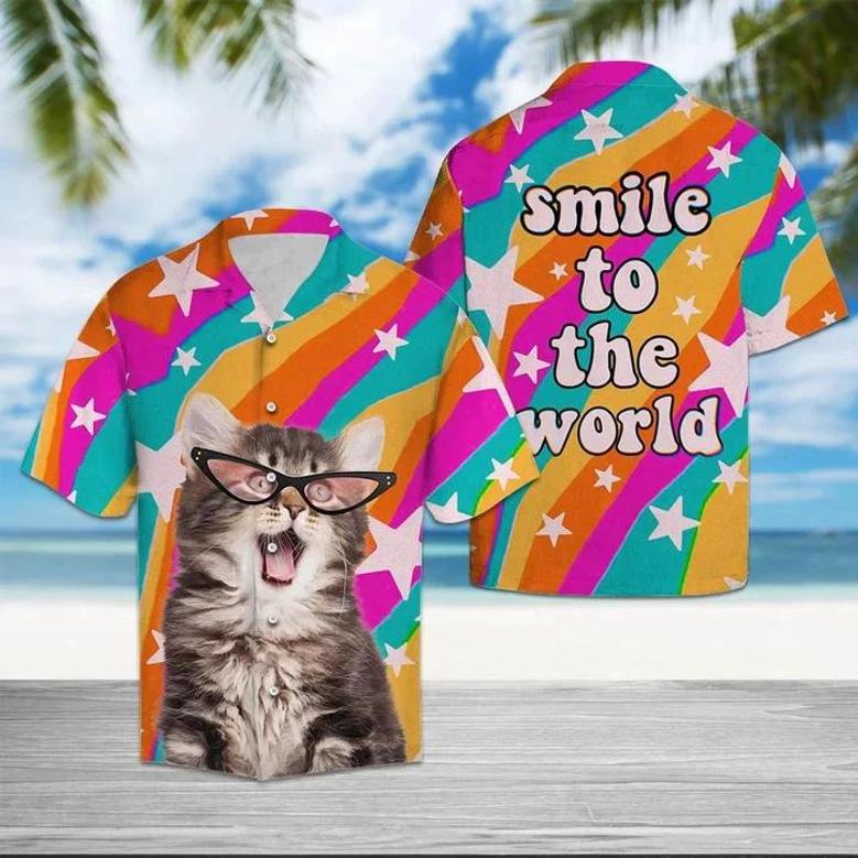 Cute Pink Glasses Cat Smile To The World Hawaiian Shirt, Gift For Cat Lovers Summer Gifts