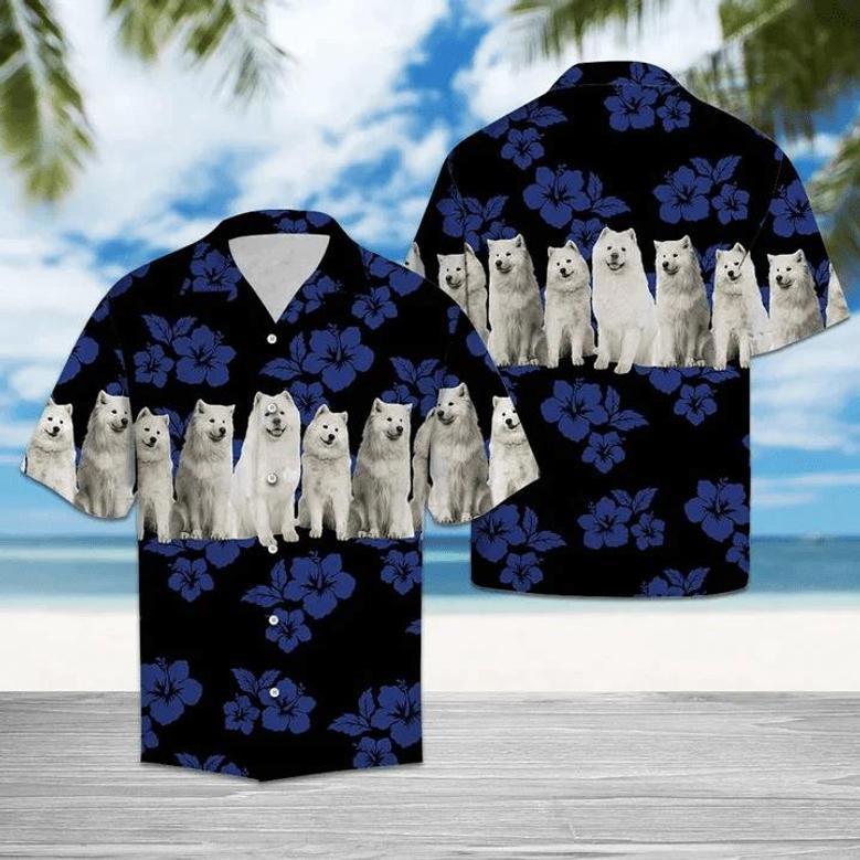 Cute Samoyed Dogs With Blue Hibiscus In Black Hawaiian Shirt Summer Gifts