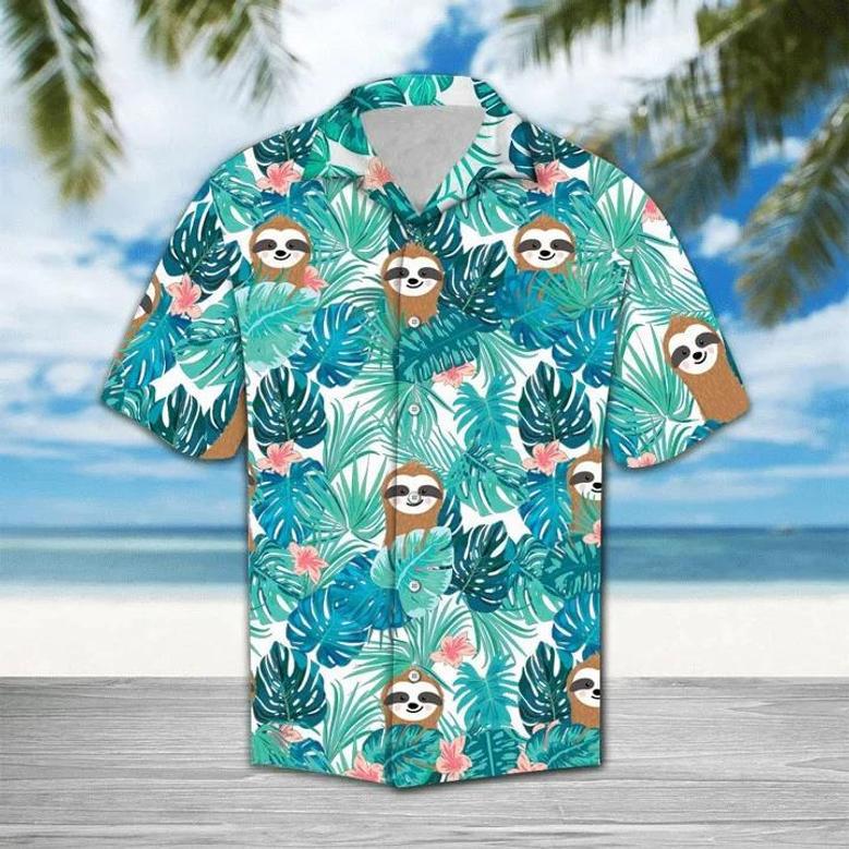 Cute Sloth On Tropical Forest Pattern Blue Theme Hawaiian Shirt Summer Gifts