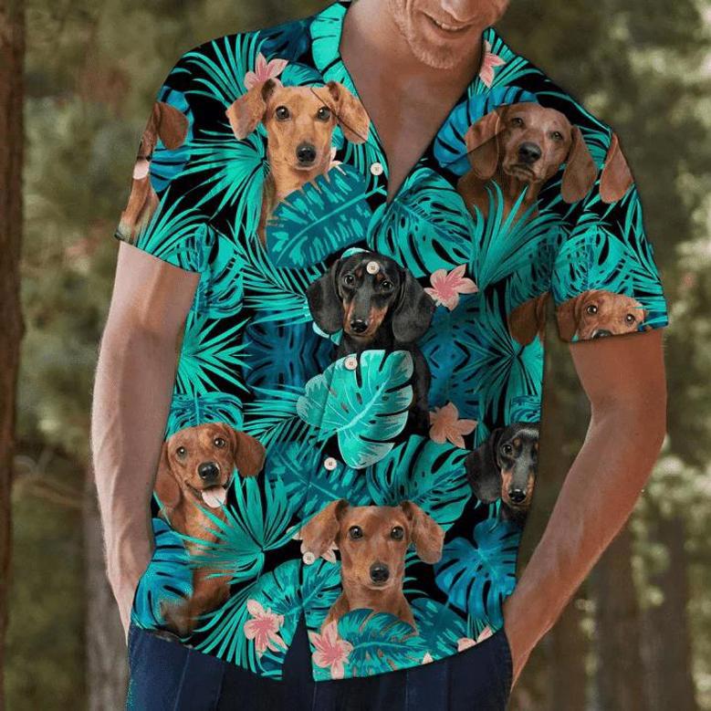 Dachshund Behind Tropical Leave Hawaiian Shirt Summer Gifts