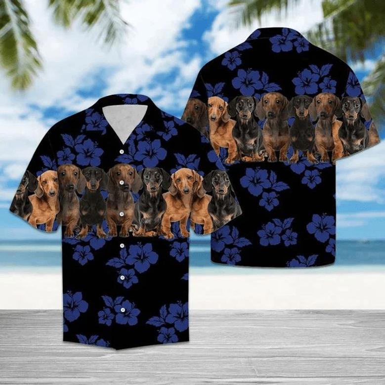 Dachshund Dogs With Blue Hibiscus In Black Hawaiian Shirt For Men And Women, Gift For Dog Lovers Summer Gifts