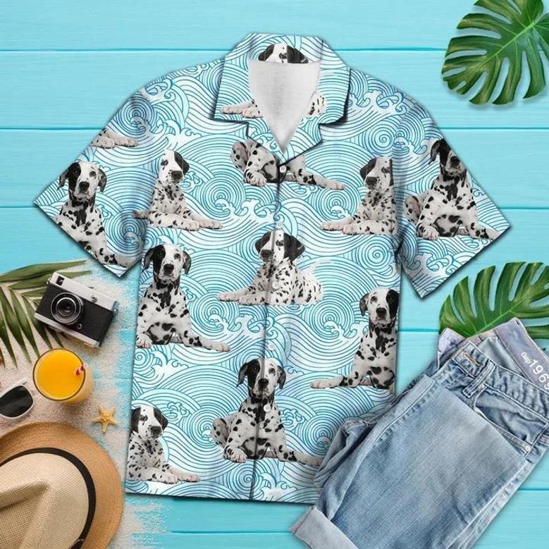 Dalmatian Lying Down On Blue Waves Pattern Hawaiian Shirt Summer Gifts