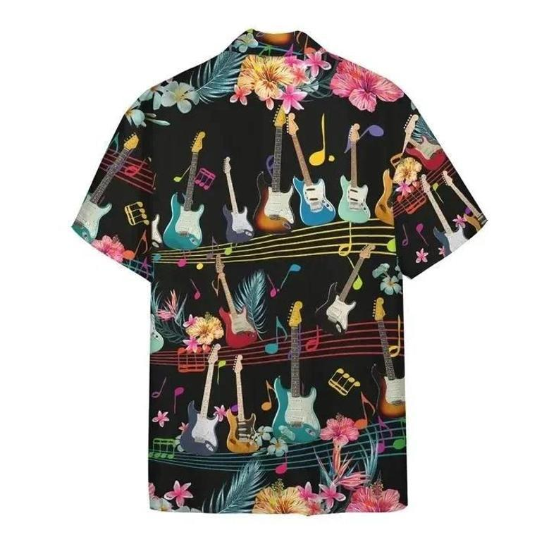 Electric Guitar On Music Stave And Notes Black Hawaiian Shirt, Summer Short Sleeve Hawaiian Aloha Shirt Summer Gifts