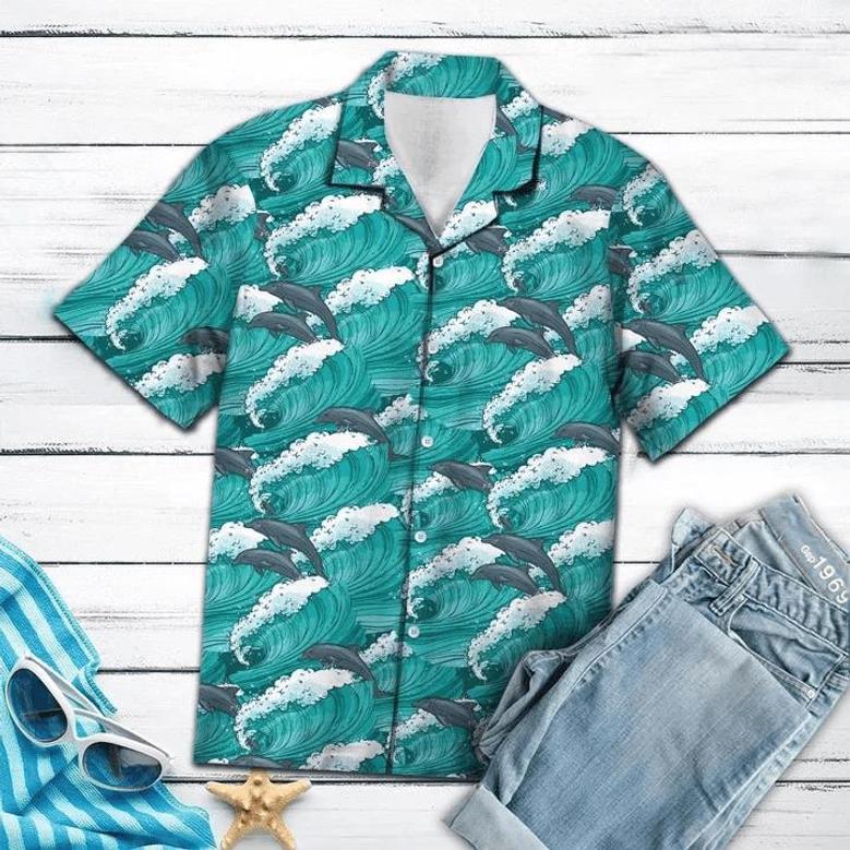 Enticing Dolphin Jumping On Huge Waves Pattern Hawaiian Shirt Summer Gifts