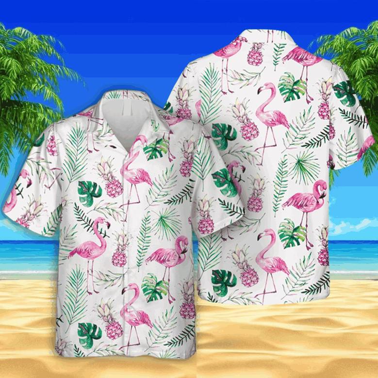 Flamingo And Pink Pineapple White Hawaiian Shirt, Clothing Summer Gifts