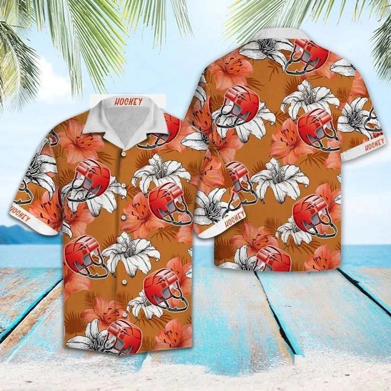 Flower Hawaiian Shirt Men, Vivid Flower And Hockey Helmet Gift For Hockey Lover Hawaiian Shirt Summer Gifts