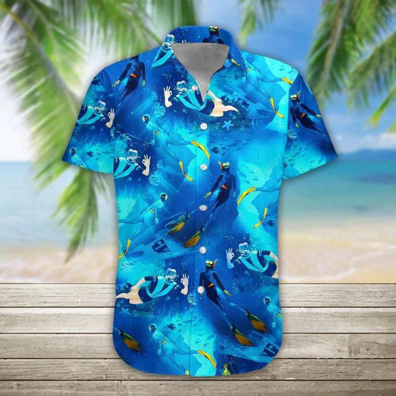 Freediving Hawaii Shirt, Hawaiian Shirts For Men Print Button Down Shirt Summer Gifts