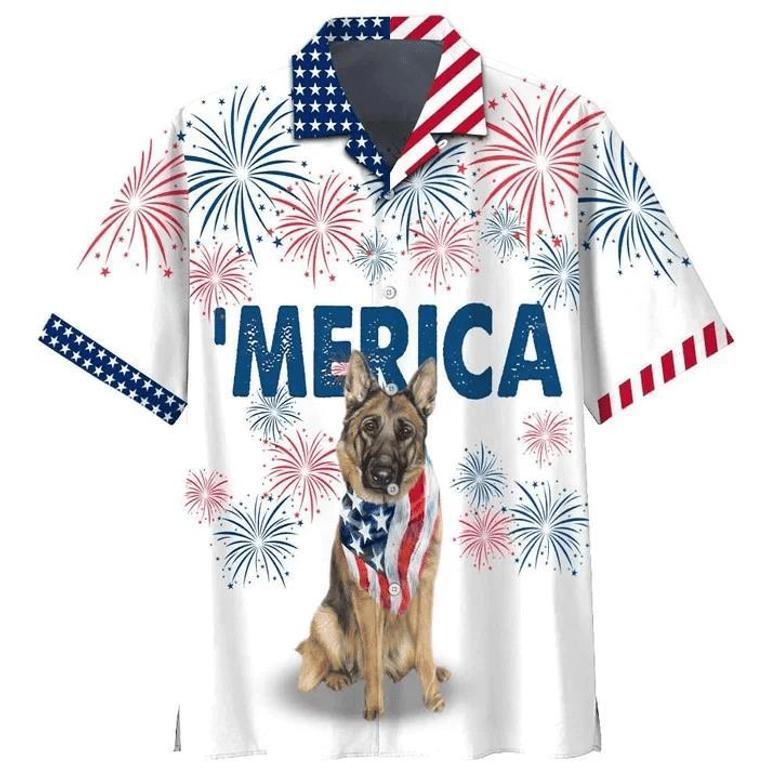 German Shepherd American Flag Red And White Firework Hawaiian Shirt Summer Gifts