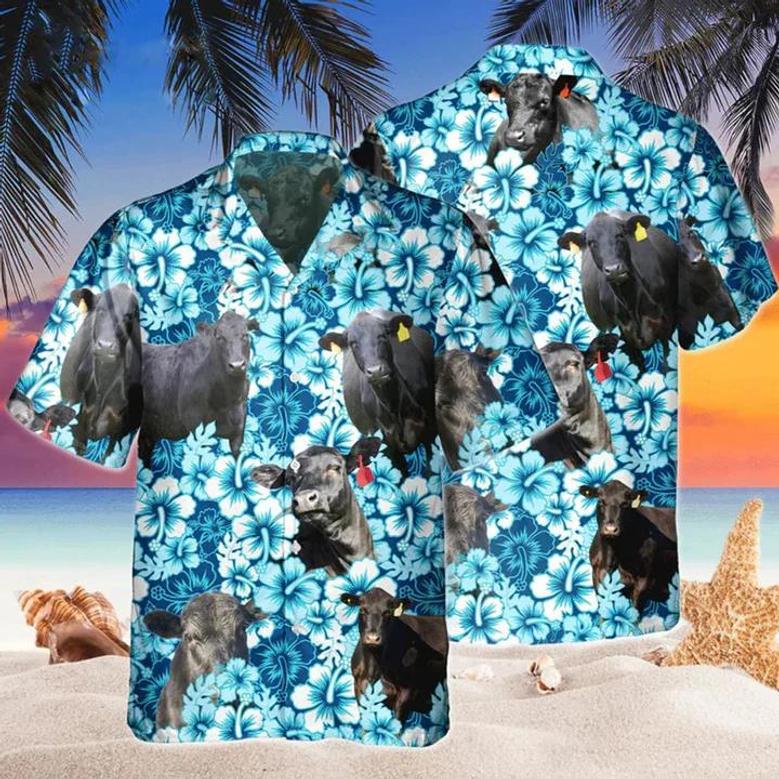 Gift For Cow Lovers, Black Angus Blue Floral Hawaiian Shirt, Vintage Hawaiian Shirt For Men, Women Summer Gifts