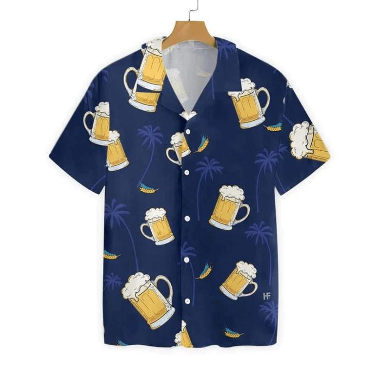 Glass Of Beer Cheers Palms At Night Design Hawaiian Shirt Summer Gifts