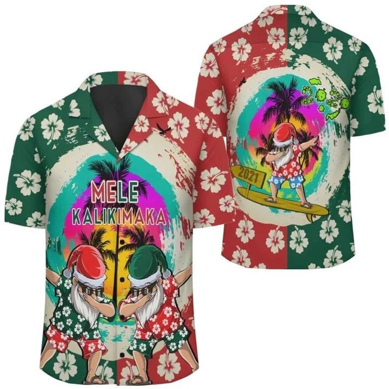 Green And Red Hawaii Mele Kalikimaka Dabbing Santa Surfing Hawaiian Shirt, Summer Short Sleeve Hawaiian Aloha Shirt Summer Gifts