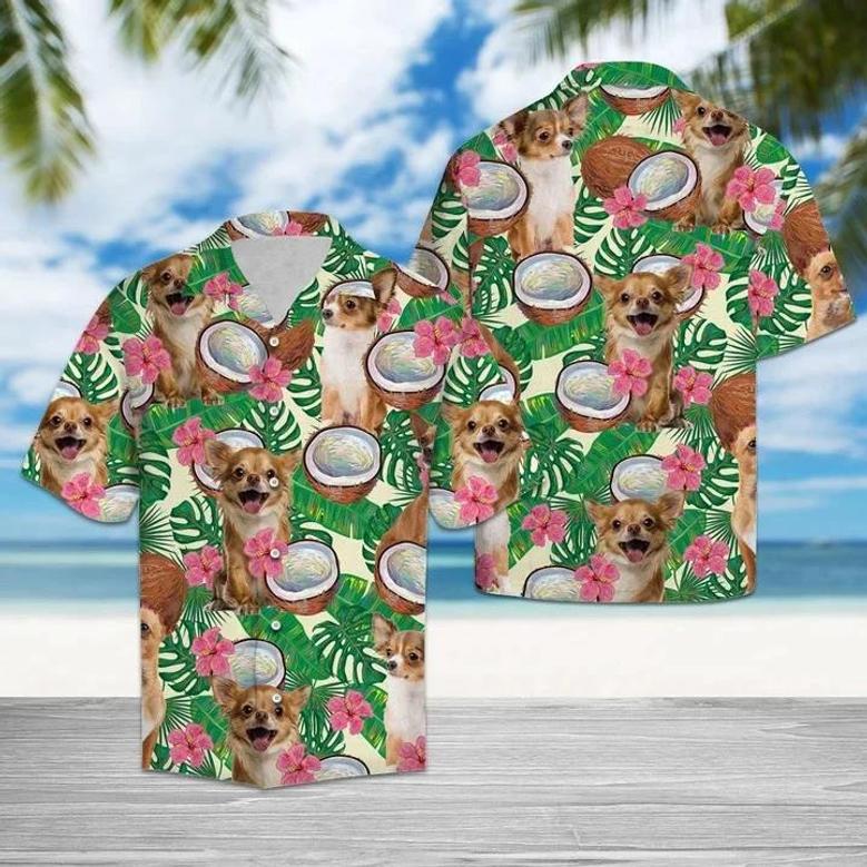 Happy Chihuahua Hide In Tropical Coconut Jungle Pattern Hawaiian Shirt Summer Gifts