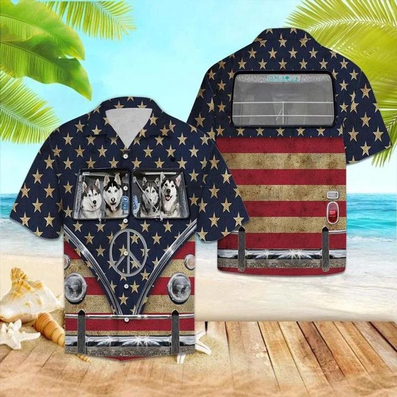 Happy Siberian Husky Family Riding Flag Hippie Bus Hawaiian Shirt Summer Gifts