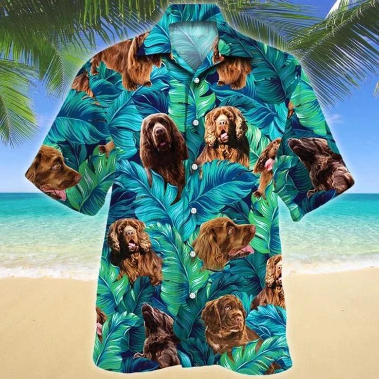 Happy Sussex Spaniel Dog Lovers Summer Beach Palm Tree Hawaiian Shirt, Short Sleeve Hawaiian Aloha Shirt For Men And Women Summer Gifts