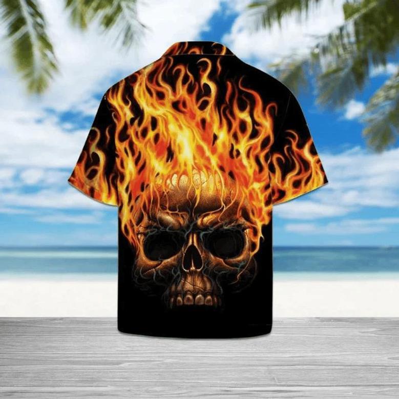 Hawaiian Shirt Flame Metal Skull Head In Black Hawaii Shirt For Men Summer Gifts