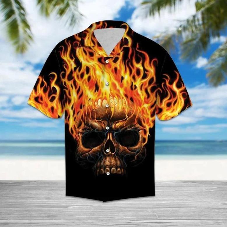 Hawaiian Shirt Flame Metal Skull Head In Black Hawaii Shirt For Men Summer Gifts