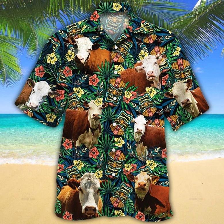 Hereford Cattle Lovers Tribal Tiki Mask Hawaiian Shirt Summer Gifts