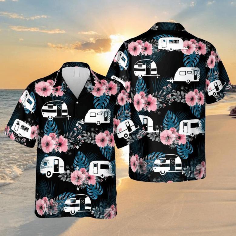 Hibicus And Recreational Vehicle Black Hawaiian Shirt, Summer Outfit For Men Summer Gifts