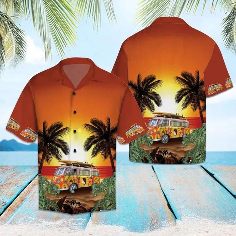 Hippie Bus Under Sunset Palm Tree Beach Themed Pattern Hawaiian Shirt Summer Gifts