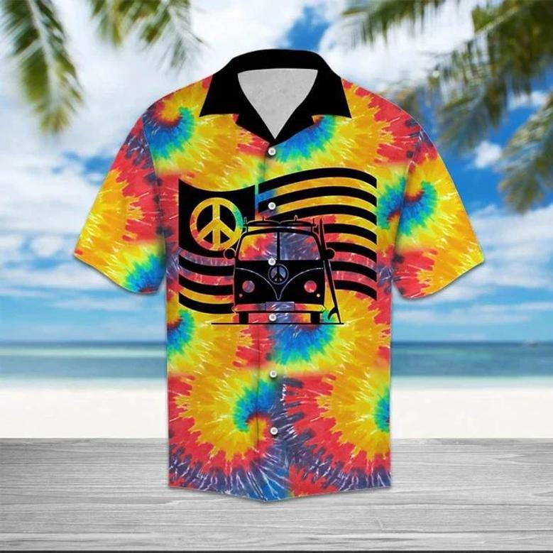 Hippie Car Humankind Be Both Peace Sign Flag On Swirl Tie Dye Hawaiian Shirt Summer Gifts