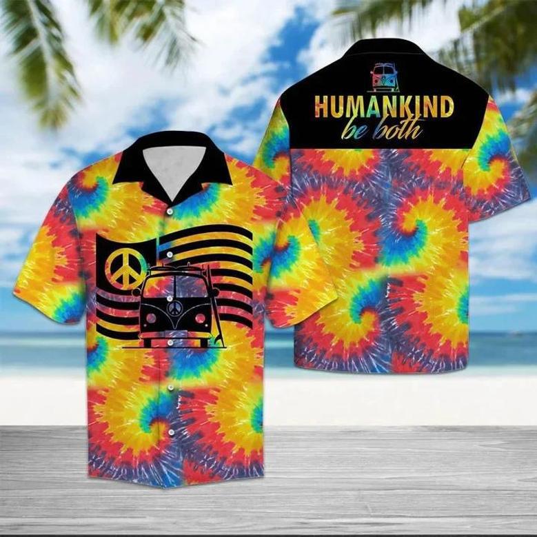 Hippie Car Humankind Be Both Peace Sign Flag On Swirl Tie Dye Hawaiian Shirt Summer Gifts