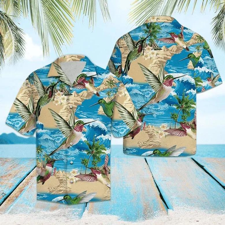 Hummingbird On Beach Summer Blue Wave Pattern Hawaiian Shirt For Men And Women Summer Gifts