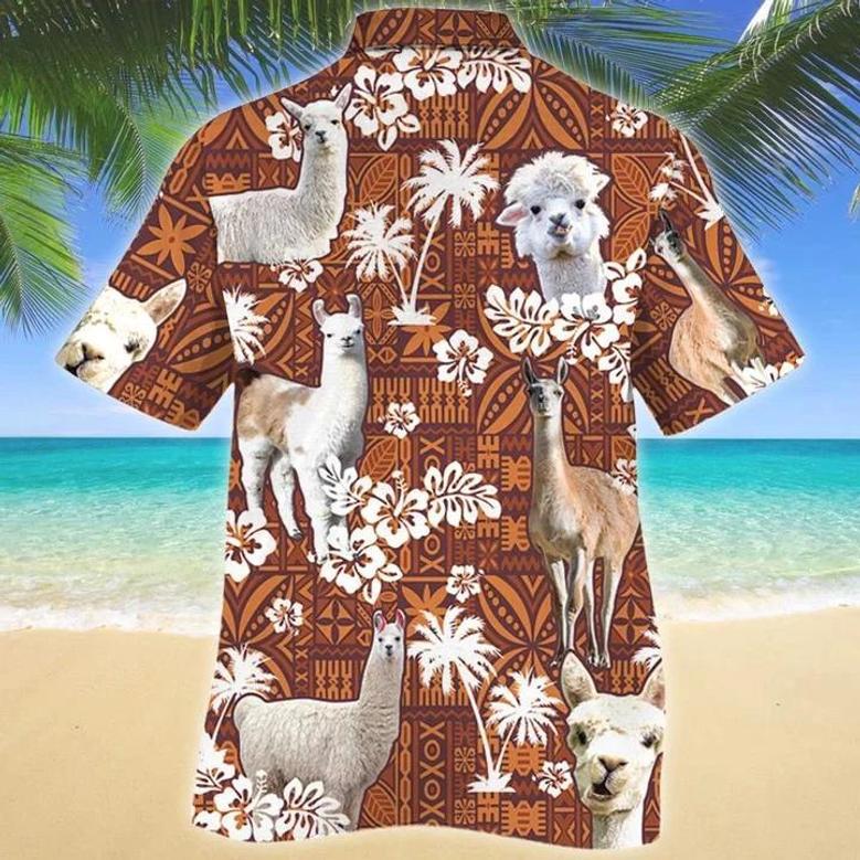 Llama And White Hibiscus On Brown Tribal Hawaiian Shirt, Short Sleeve Hawaiian Aloha Shirt For Men Summer Gifts