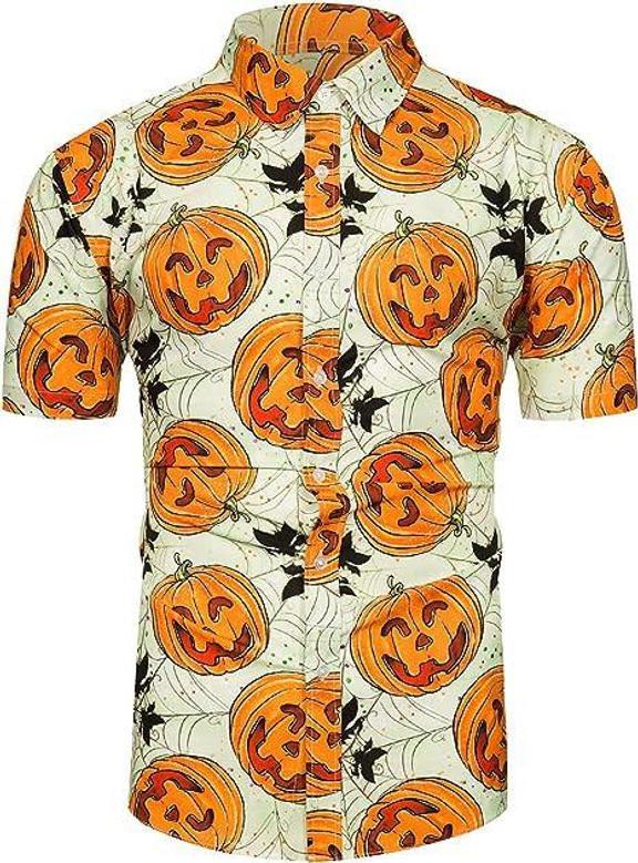 Men Halloween Shirts, Pumpkin Print Short Sleeve Hawaiian Shirt, Skeleton Shirt Summer Gifts