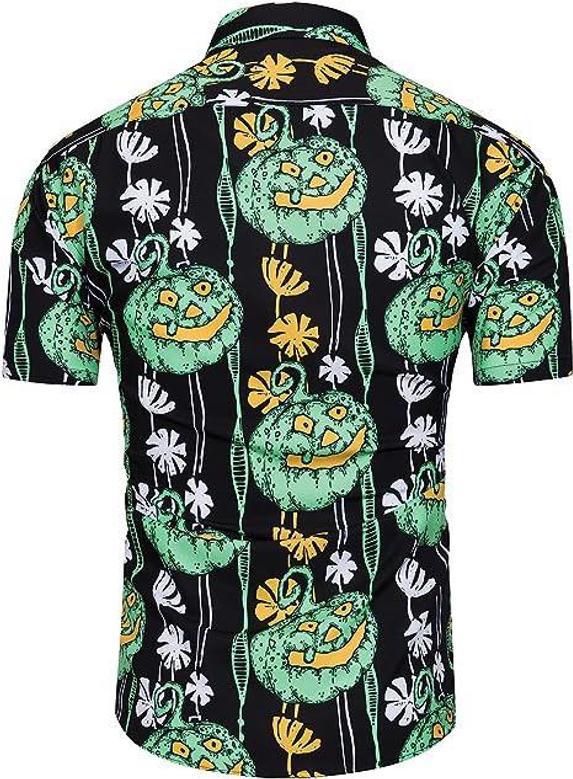 Men Halloween Shirts, Pumpkin Print Short Sleeve Hawaiian Shirt, Skeleton Shirt Summer Gifts