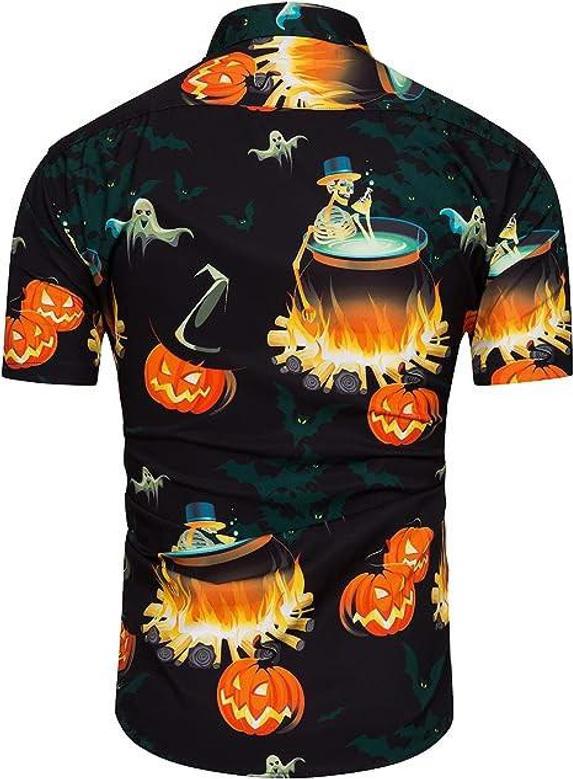 Men Halloween Shirts, Pumpkin Print Short Sleeve Hawaiian Shirt, Skeleton Shirt Summer Gifts